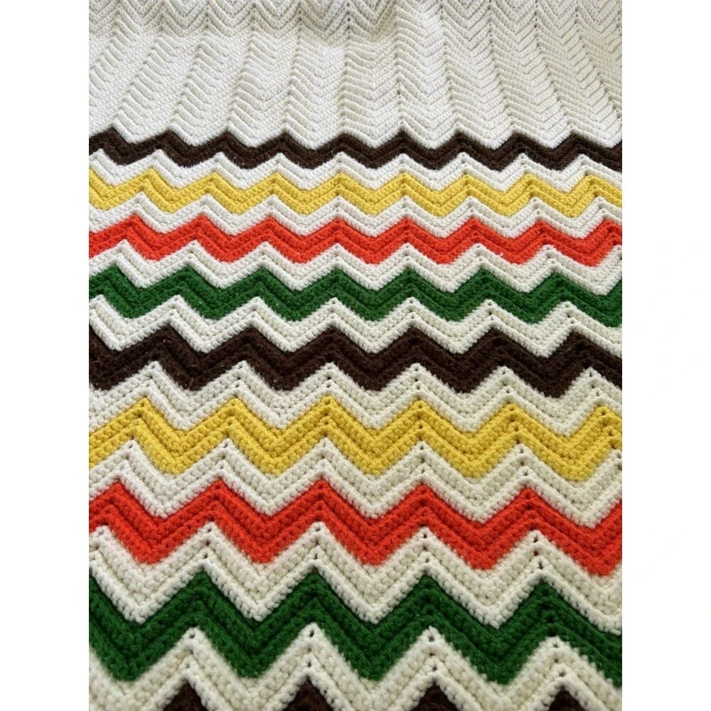 VTG Chevron Cream Orange Brown Green Yellow Crochet Knit Blanket Afghan 38 x 72